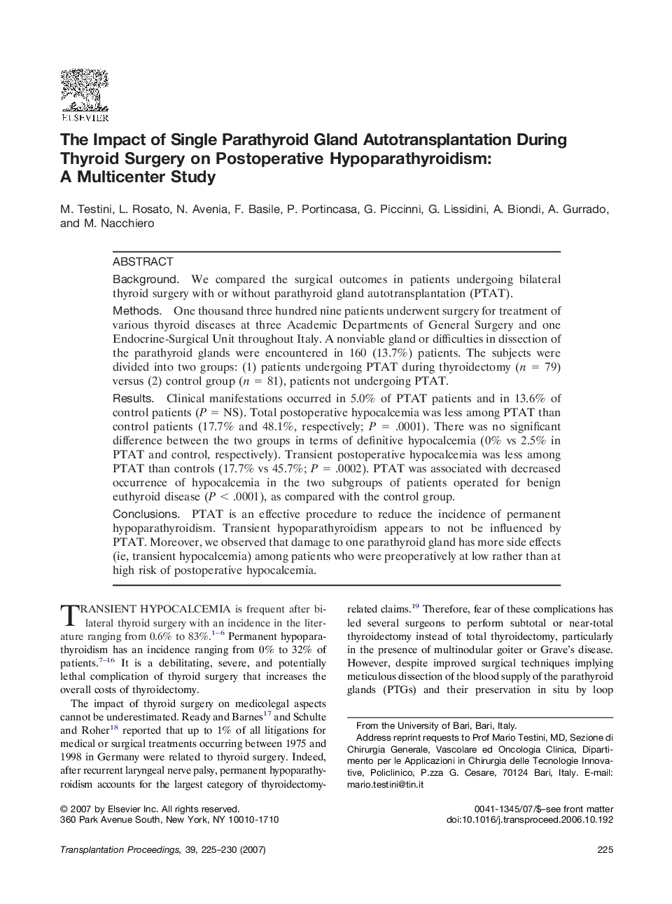 The Impact of Single Parathyroid Gland Autotransplantation During Thyroid Surgery on Postoperative Hypoparathyroidism: A Multicenter Study