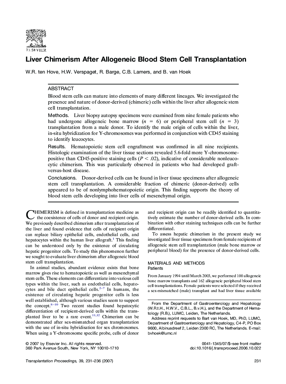 Liver Chimerism After Allogeneic Blood Stem Cell Transplantation