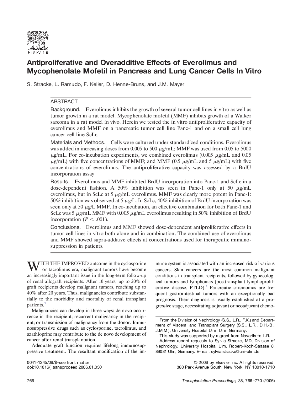 Antiproliferative and Overadditive Effects of Everolimus and Mycophenolate Mofetil in Pancreas and Lung Cancer Cells In Vitro 