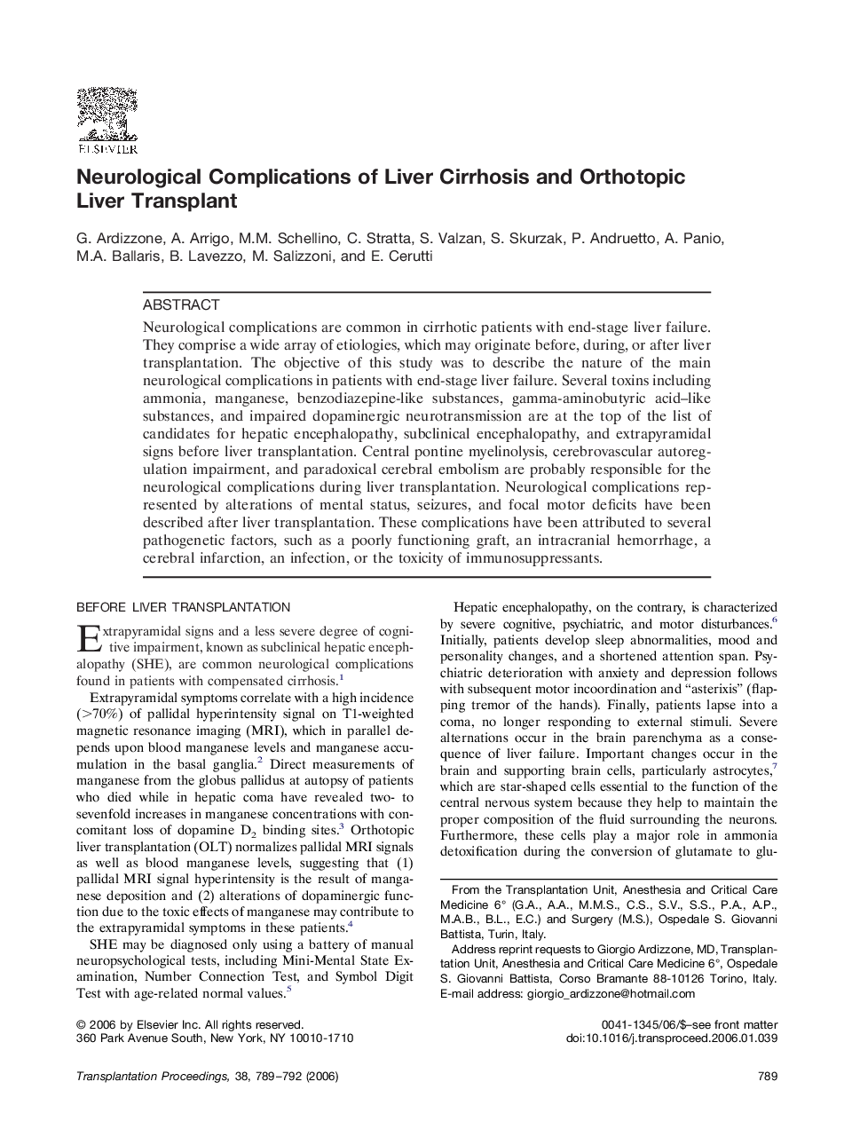 Neurological Complications of Liver Cirrhosis and Orthotopic Liver Transplant