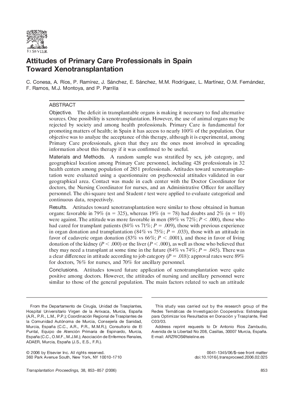 Attitudes of Primary Care Professionals in Spain Toward Xenotransplantation 