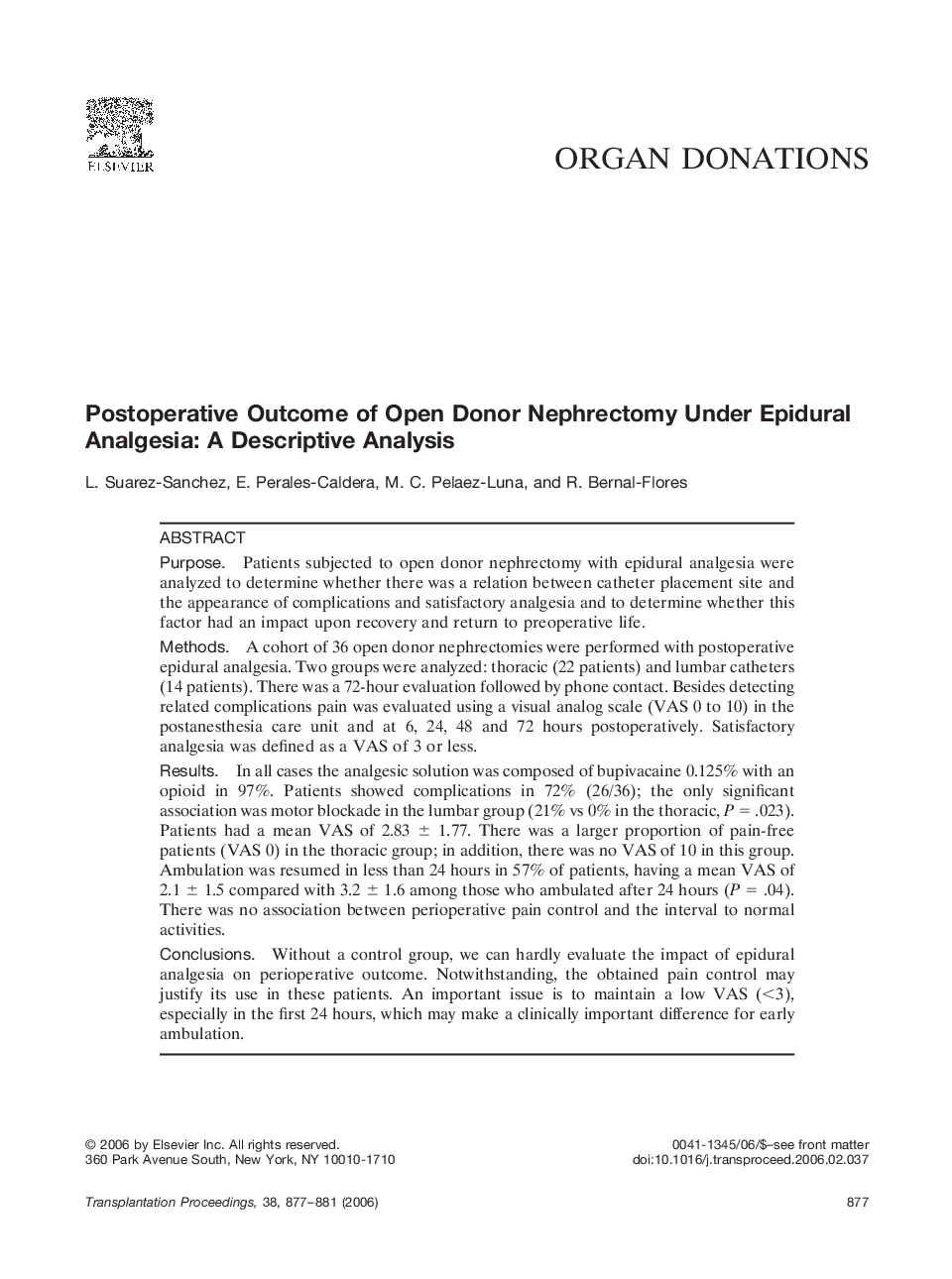 Postoperative Outcome of Open Donor Nephrectomy Under Epidural Analgesia: A Descriptive Analysis