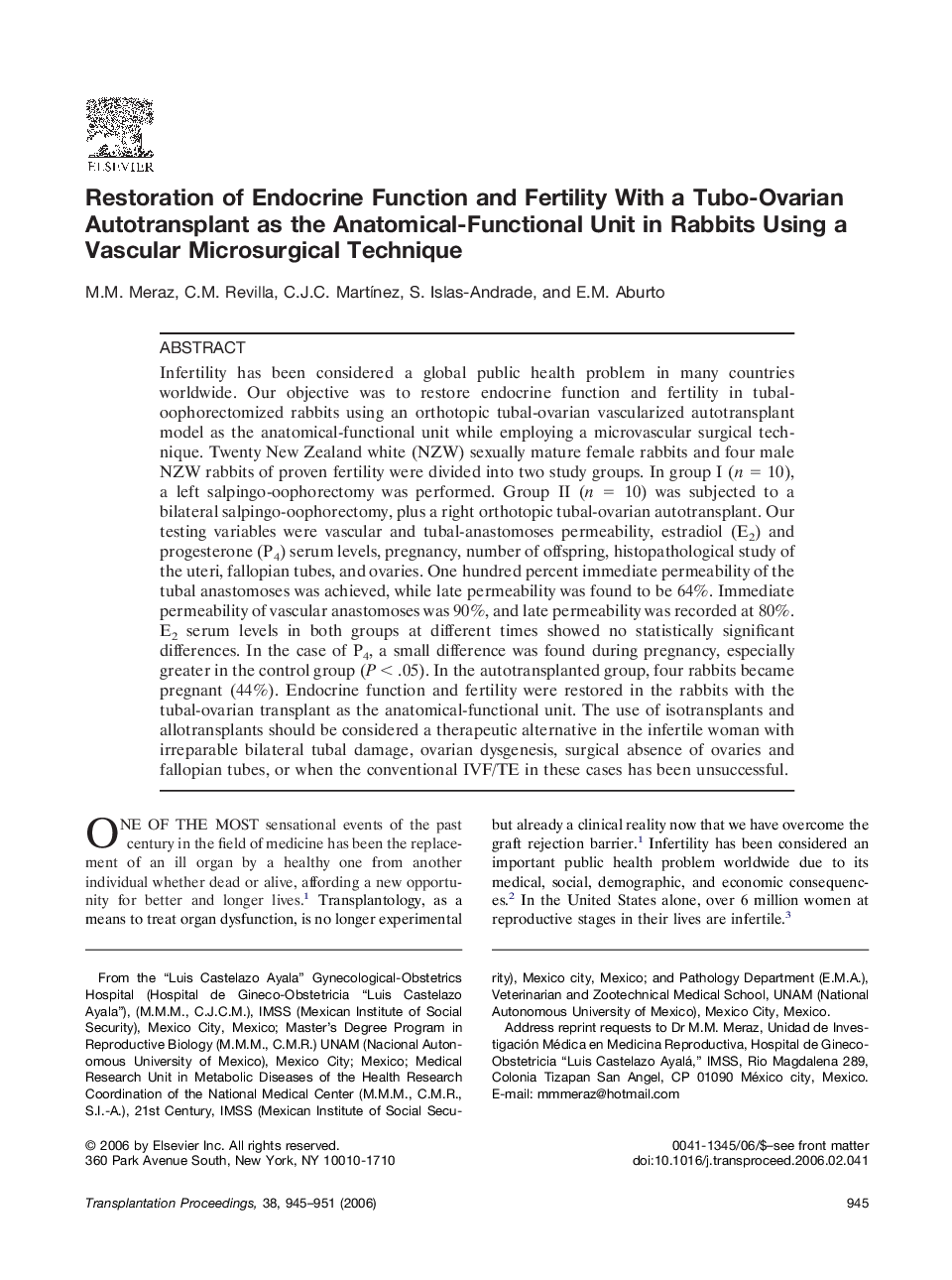 Restoration of Endocrine Function and Fertility With a Tubo-Ovarian Autotransplant as the Anatomical-Functional Unit in Rabbits Using a Vascular Microsurgical Technique