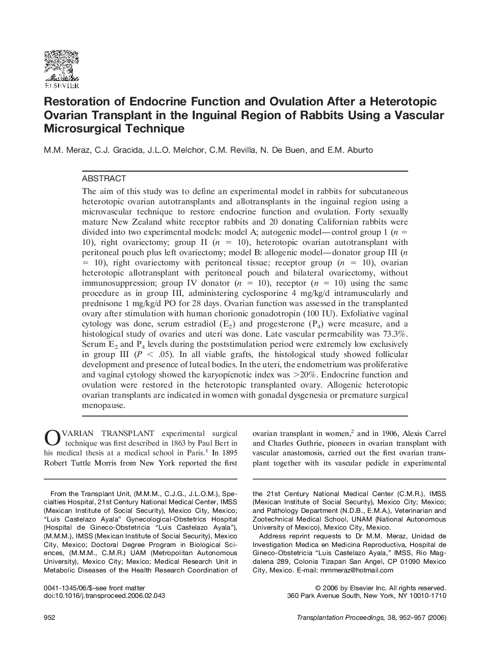 Restoration of Endocrine Function and Ovulation After a Heterotopic Ovarian Transplant in the Inguinal Region of Rabbits Using a Vascular Microsurgical Technique