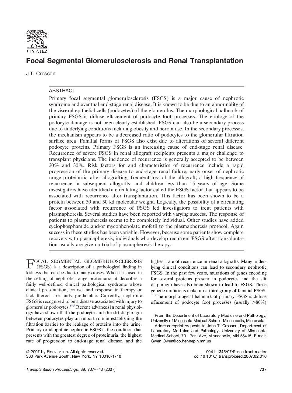 Focal Segmental Glomerulosclerosis and Renal Transplantation