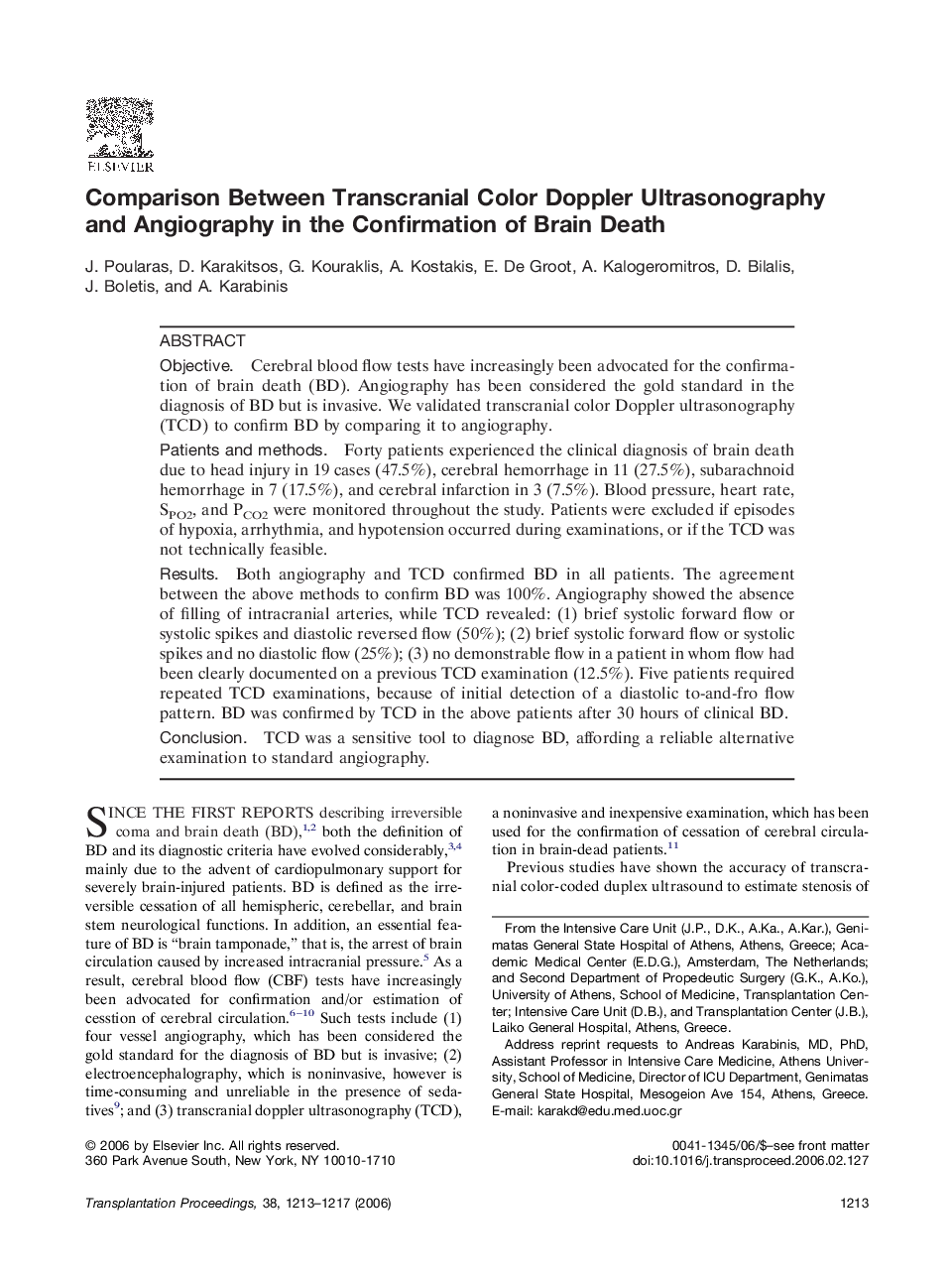 Comparison Between Transcranial Color Doppler Ultrasonography and Angiography in the Confirmation of Brain Death