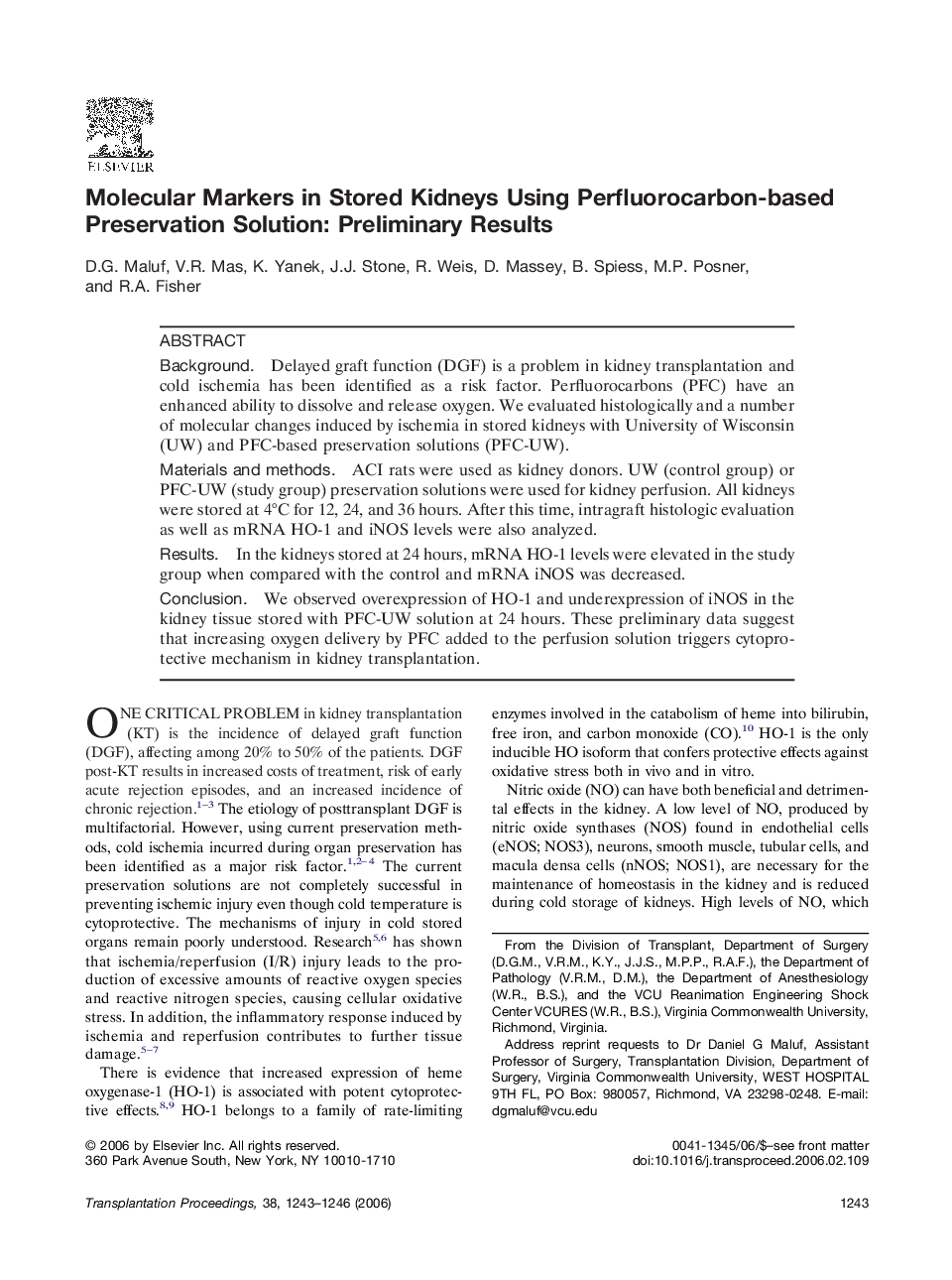 Molecular Markers in Stored Kidneys Using Perfluorocarbon-based Preservation Solution: Preliminary Results