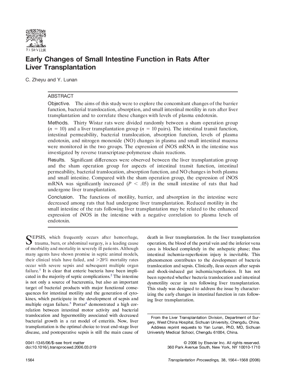 Early Changes of Small Intestine Function in Rats After Liver Transplantation