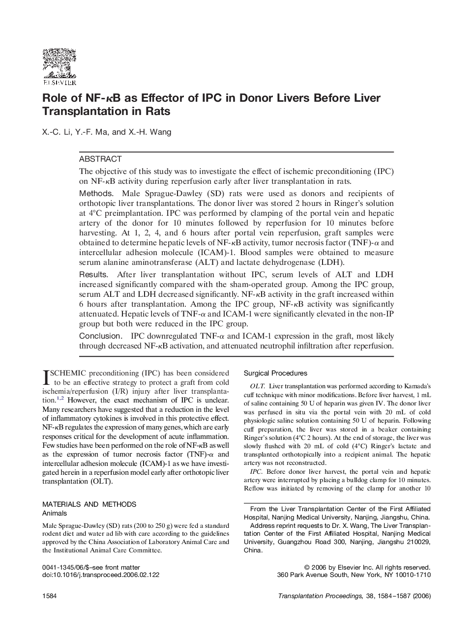 Role of NF-κB as Effector of IPC in Donor Livers Before Liver Transplantation in Rats