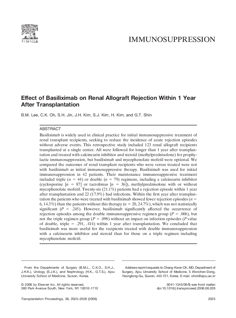 Effect of Basiliximab on Renal Allograft Rejection Within 1 Year After Transplantation