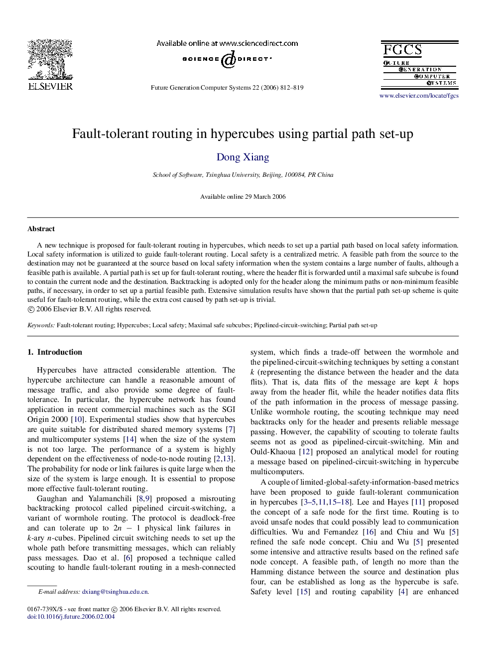 Fault-tolerant routing in hypercubes using partial path set-up