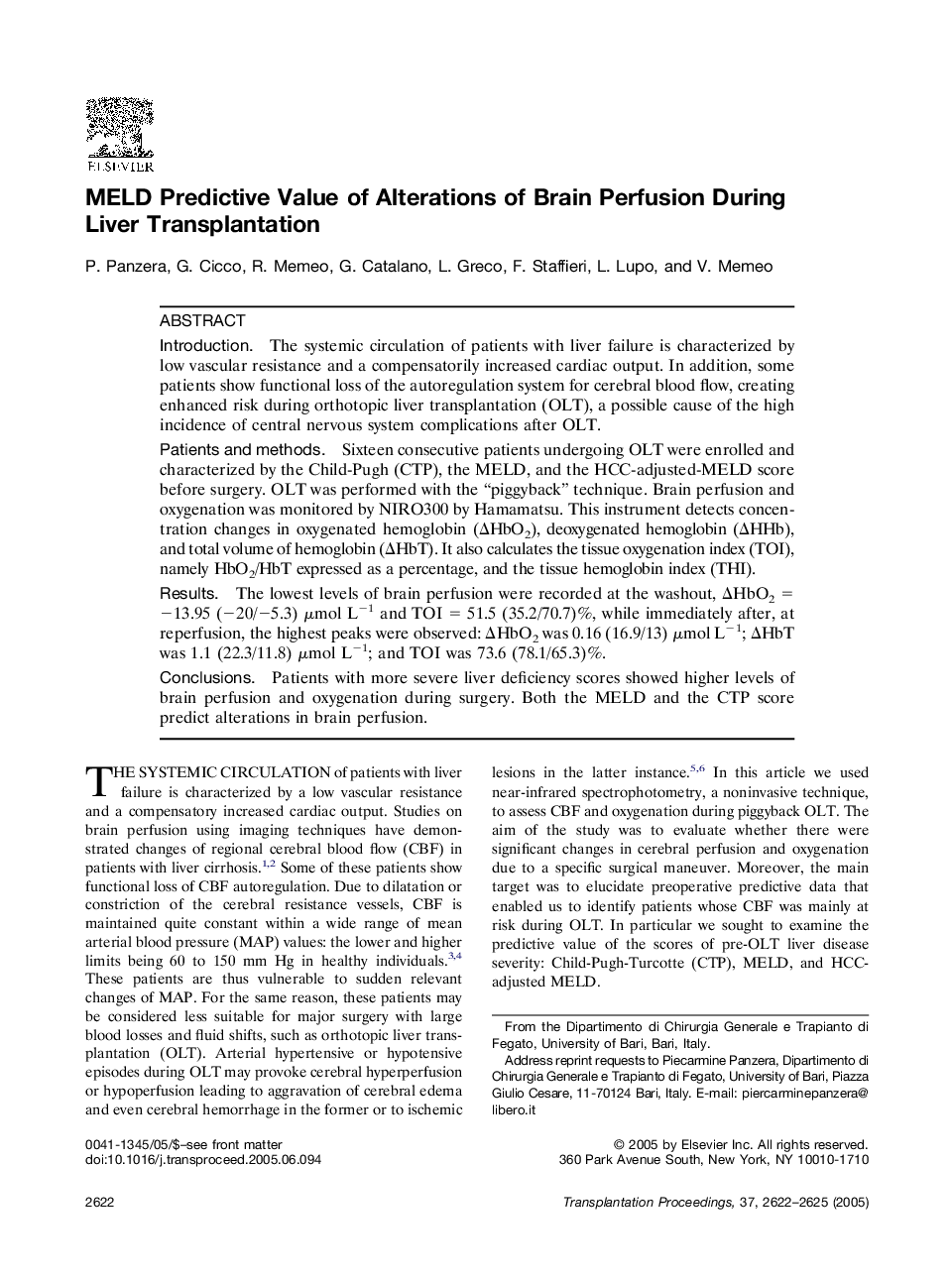 MELD Predictive Value of Alterations of Brain Perfusion During Liver Transplantation