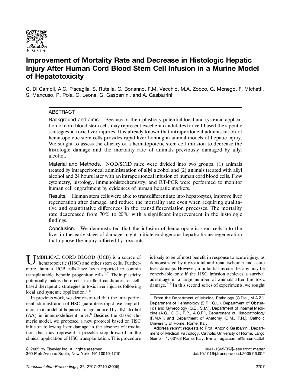 Improvement of Mortality Rate and Decrease in Histologic Hepatic Injury After Human Cord Blood Stem Cell Infusion in a Murine Model of Hepatotoxicity