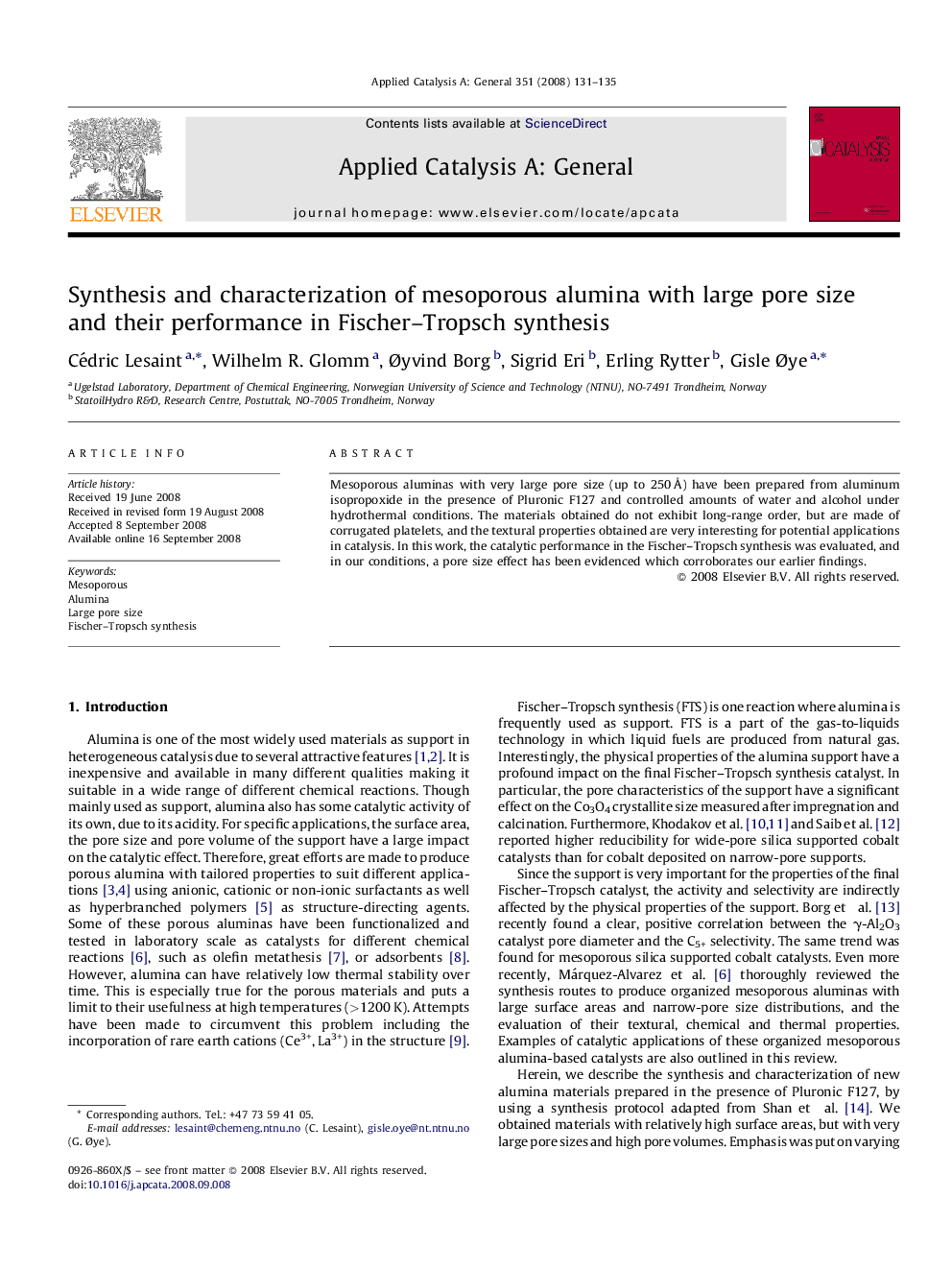 Synthesis and characterization of mesoporous alumina with large pore size and their performance in Fischer–Tropsch synthesis