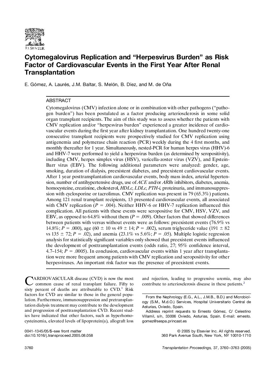 Cytomegalovirus Replication and “Herpesvirus Burden” as Risk Factor of Cardiovascular Events in the First Year After Renal Transplantation