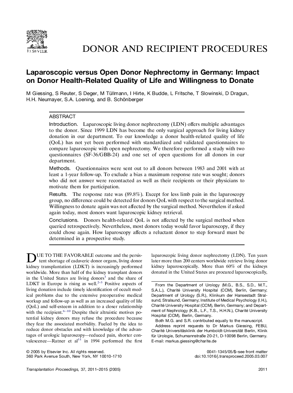 Laparoscopic versus Open Donor Nephrectomy in Germany: Impact on Donor Health-Related Quality of Life and Willingness to Donate