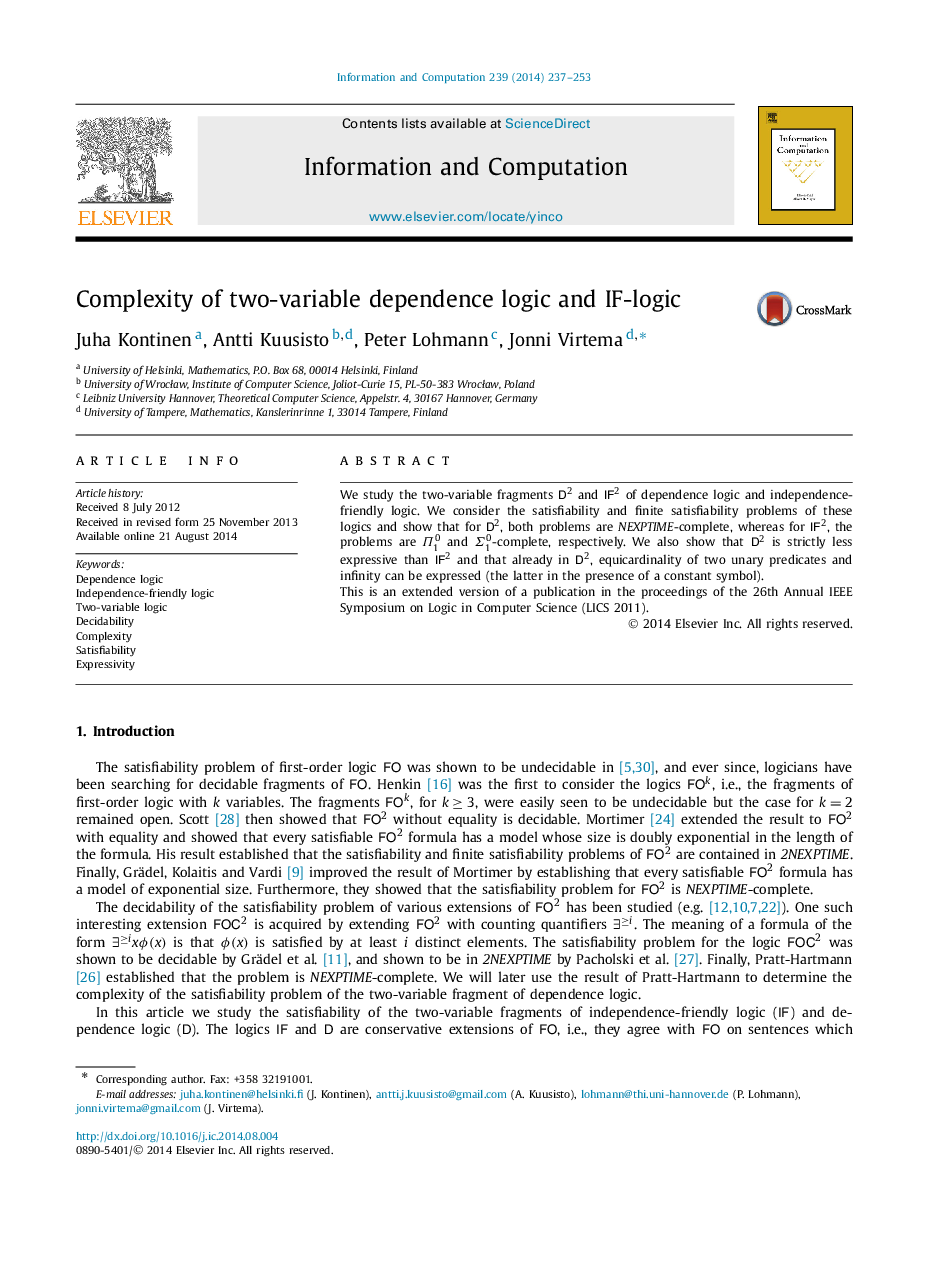 Complexity of two-variable dependence logic and IF-logic