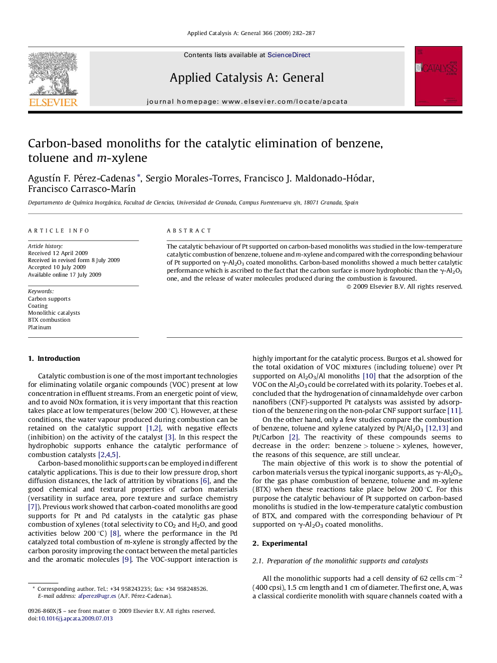 Carbon-based monoliths for the catalytic elimination of benzene, toluene and m-xylene