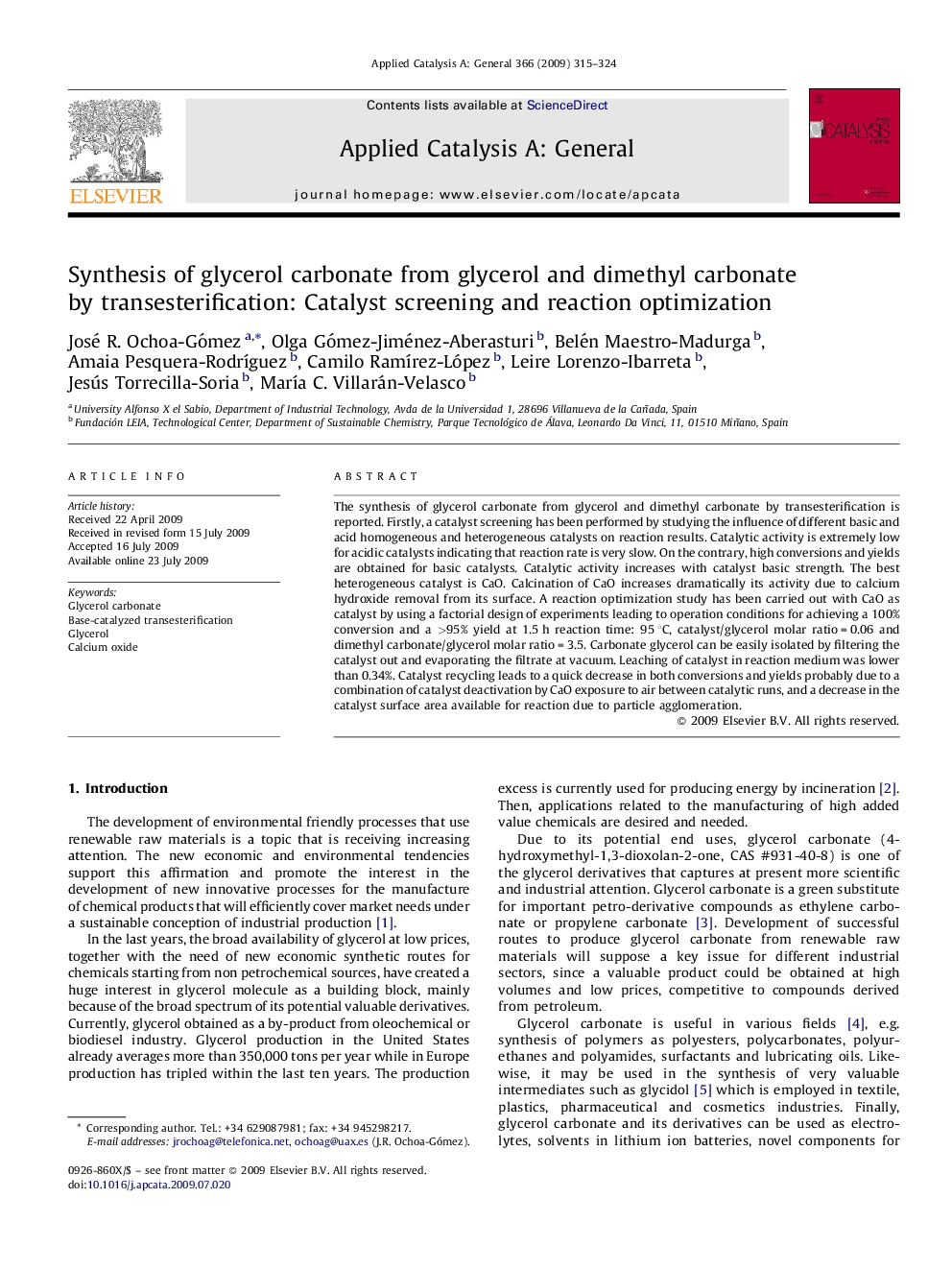 Synthesis of glycerol carbonate from glycerol and dimethyl carbonate by transesterification: Catalyst screening and reaction optimization