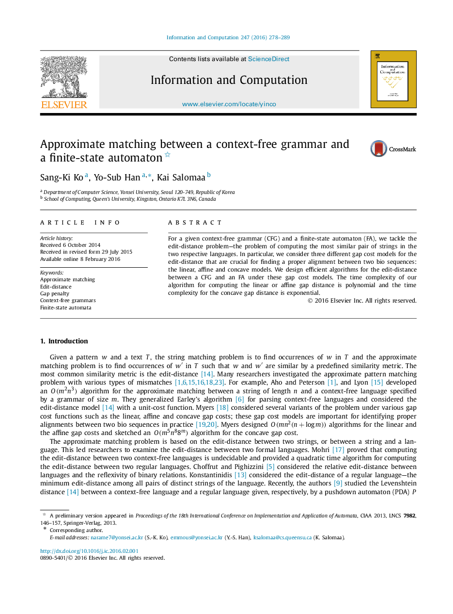 Approximate matching between a context-free grammar and a finite-state automaton 