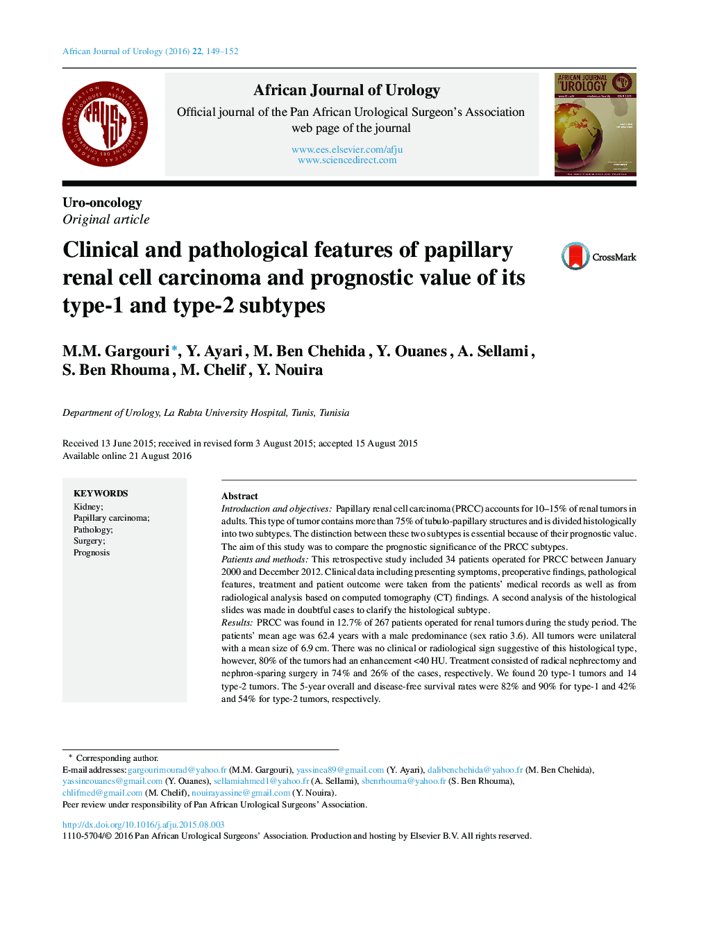 Clinical and pathological features of papillary renal cell carcinoma and prognostic value of its type-1 and type-2 subtypes 