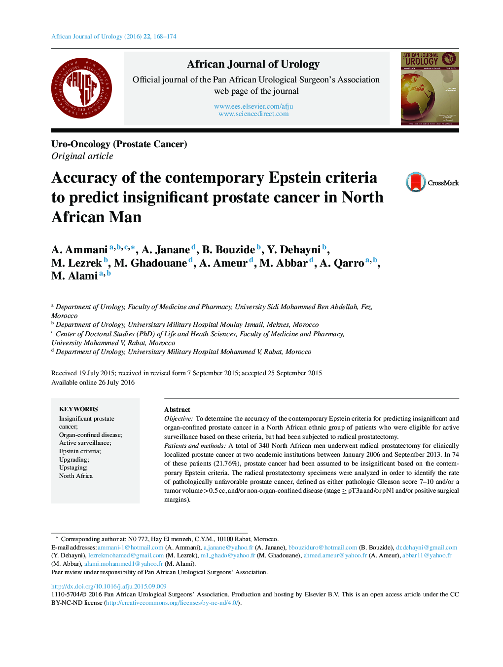 Accuracy of the contemporary Epstein criteria to predict insignificant prostate cancer in North African Man 