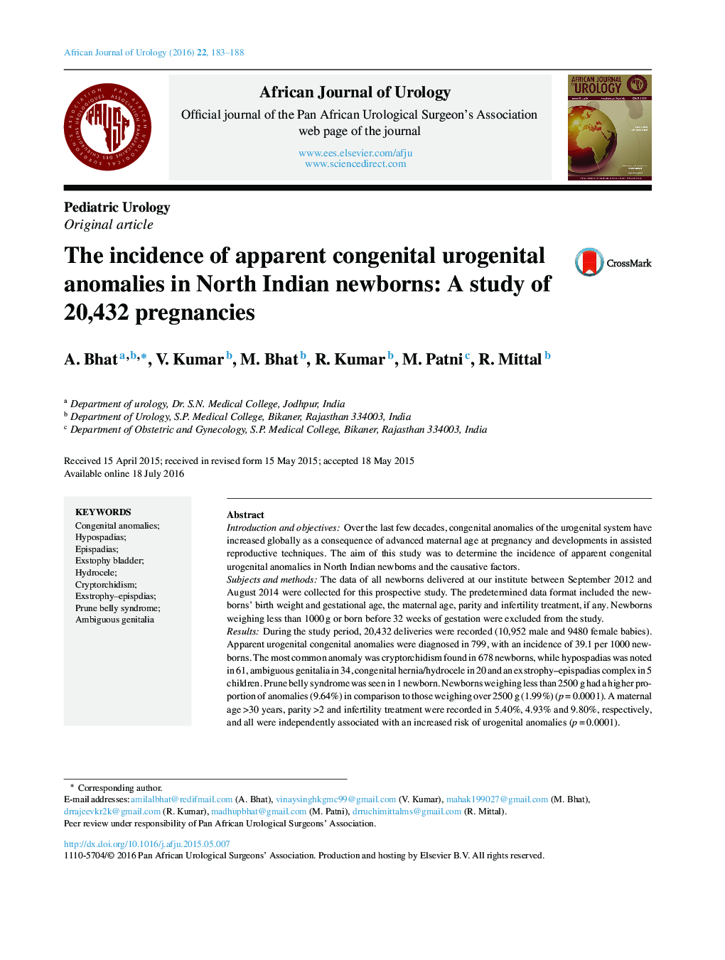 The incidence of apparent congenital urogenital anomalies in North Indian newborns: A study of 20,432 pregnancies 