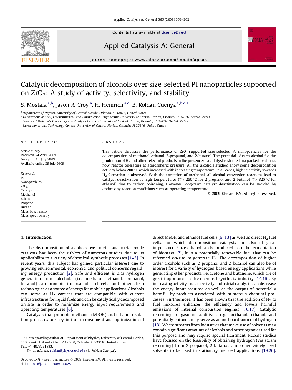 Catalytic decomposition of alcohols over size-selected Pt nanoparticles supported on ZrO2: A study of activity, selectivity, and stability