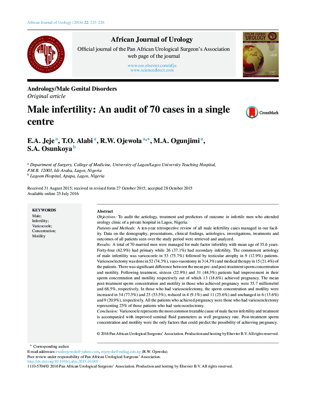 Male infertility: An audit of 70 cases in a single centre 