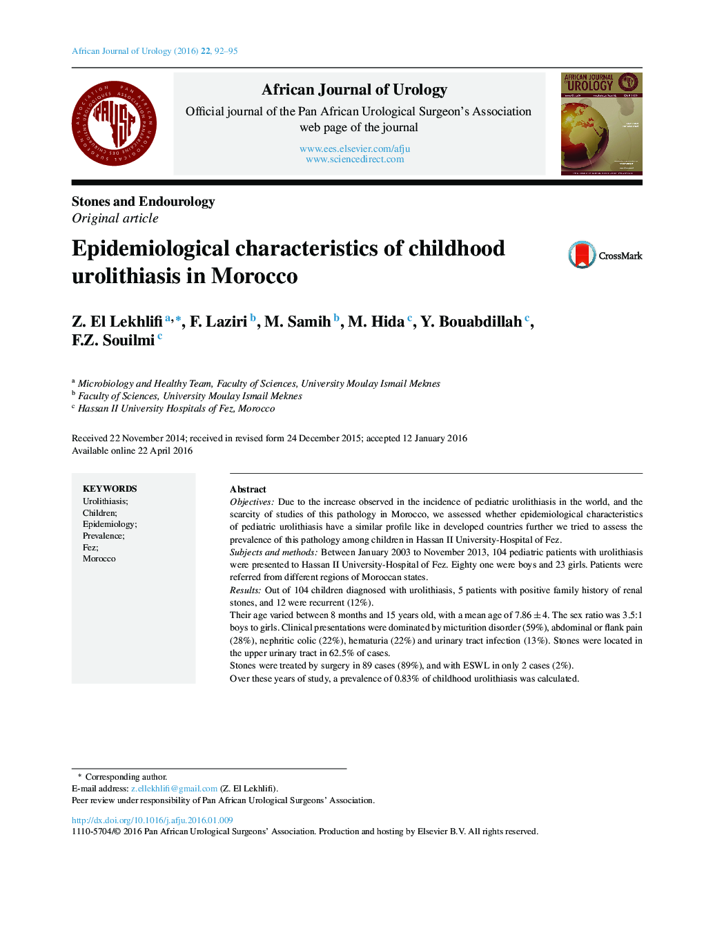 Epidemiological characteristics of childhood urolithiasis in Morocco 
