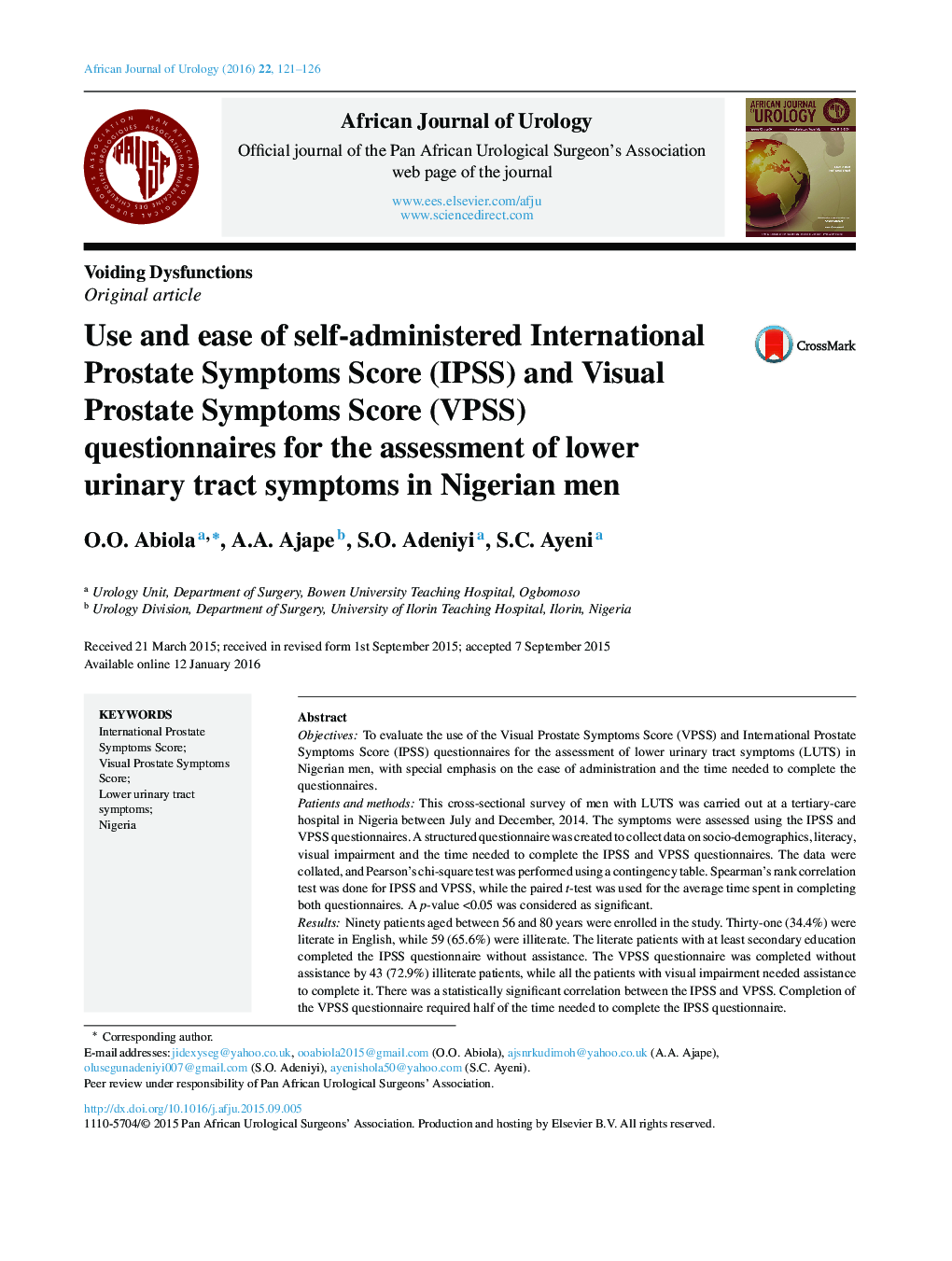 Use and ease of self-administered International Prostate Symptoms Score (IPSS) and Visual Prostate Symptoms Score (VPSS) questionnaires for the assessment of lower urinary tract symptoms in Nigerian men 