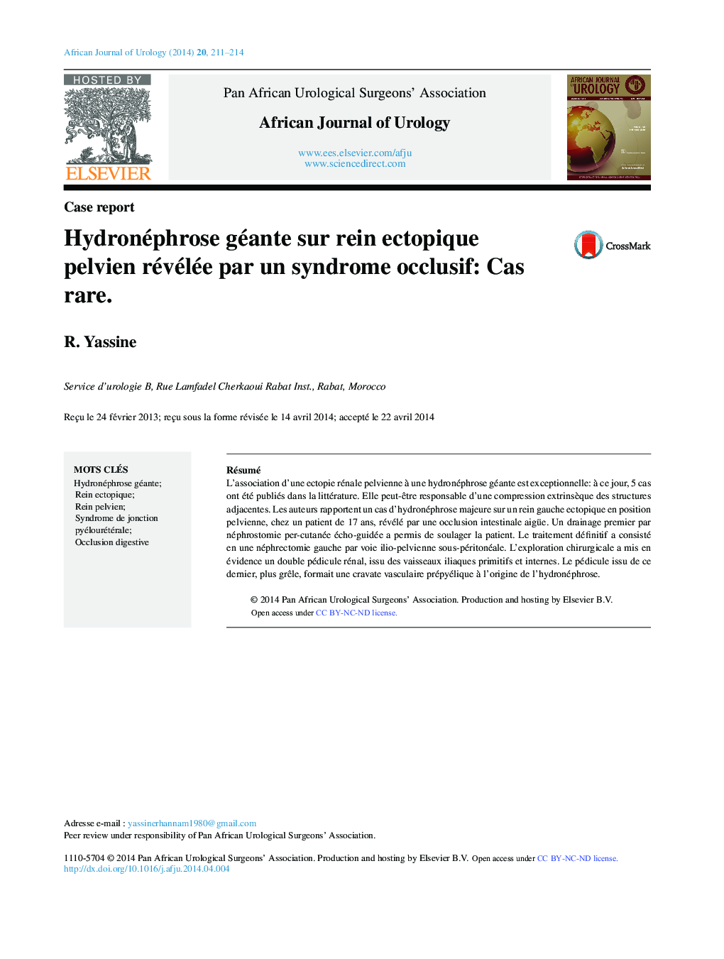 Hydronéphrose géante sur rein ectopique pelvien révélée par un syndrome occlusif: Cas rare. 