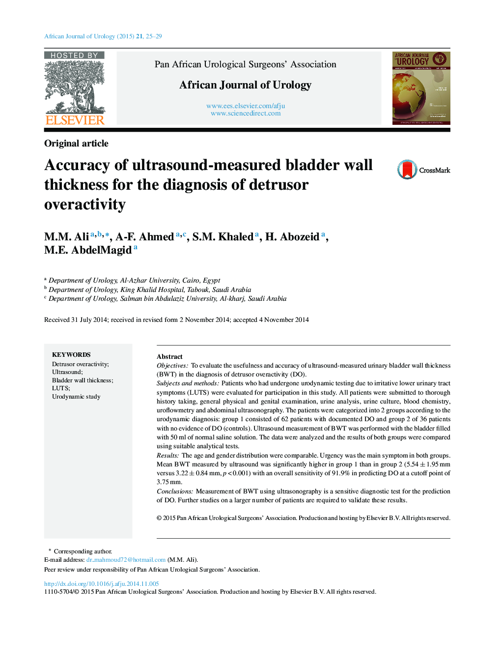 Accuracy of ultrasound-measured bladder wall thickness for the diagnosis of detrusor overactivity 