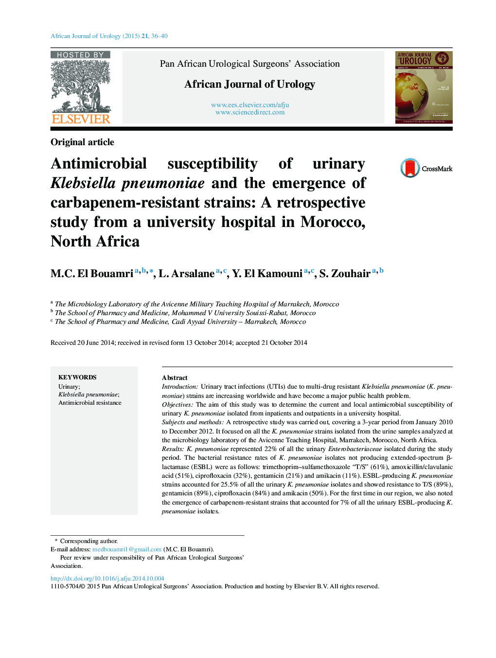 Antimicrobial susceptibility of urinary Klebsiella pneumoniae and the emergence of carbapenem-resistant strains: A retrospective study from a university hospital in Morocco, North Africa 