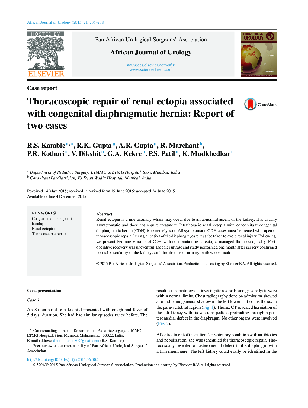 Thoracoscopic repair of renal ectopia associated with congenital diaphragmatic hernia: Report of two cases 