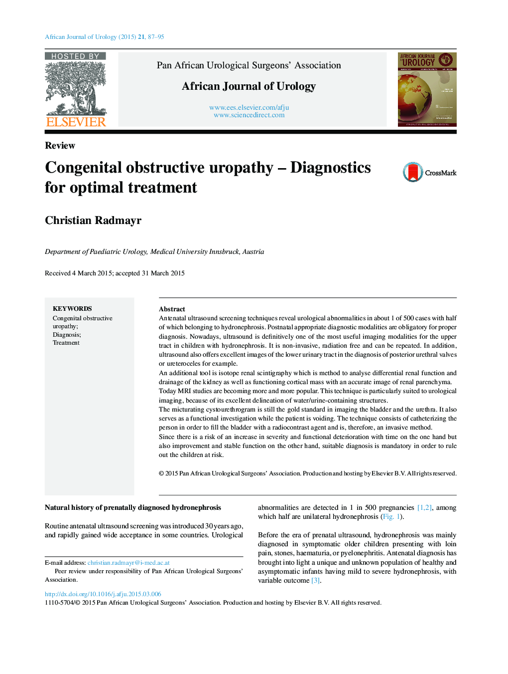 Congenital obstructive uropathy – Diagnostics for optimal treatment 