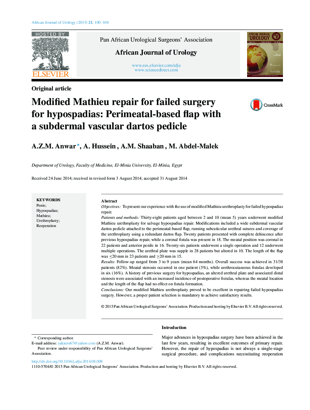 Modified Mathieu repair for failed surgery for hypospadias: Perimeatal-based flap with a subdermal vascular dartos pedicle 