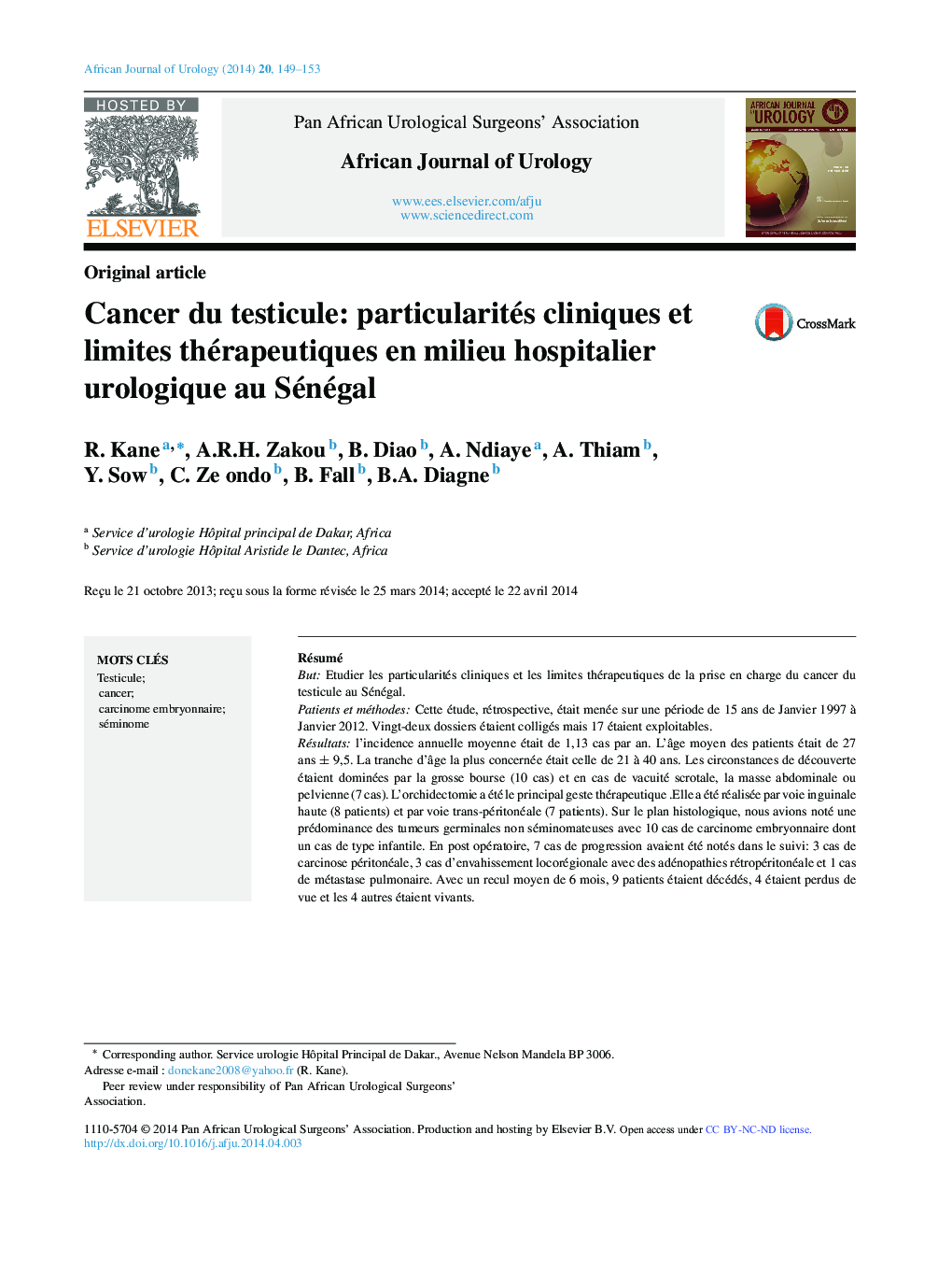 Cancer du testicule: particularités cliniques et limites thérapeutiques en milieu hospitalier urologique au Sénégal 