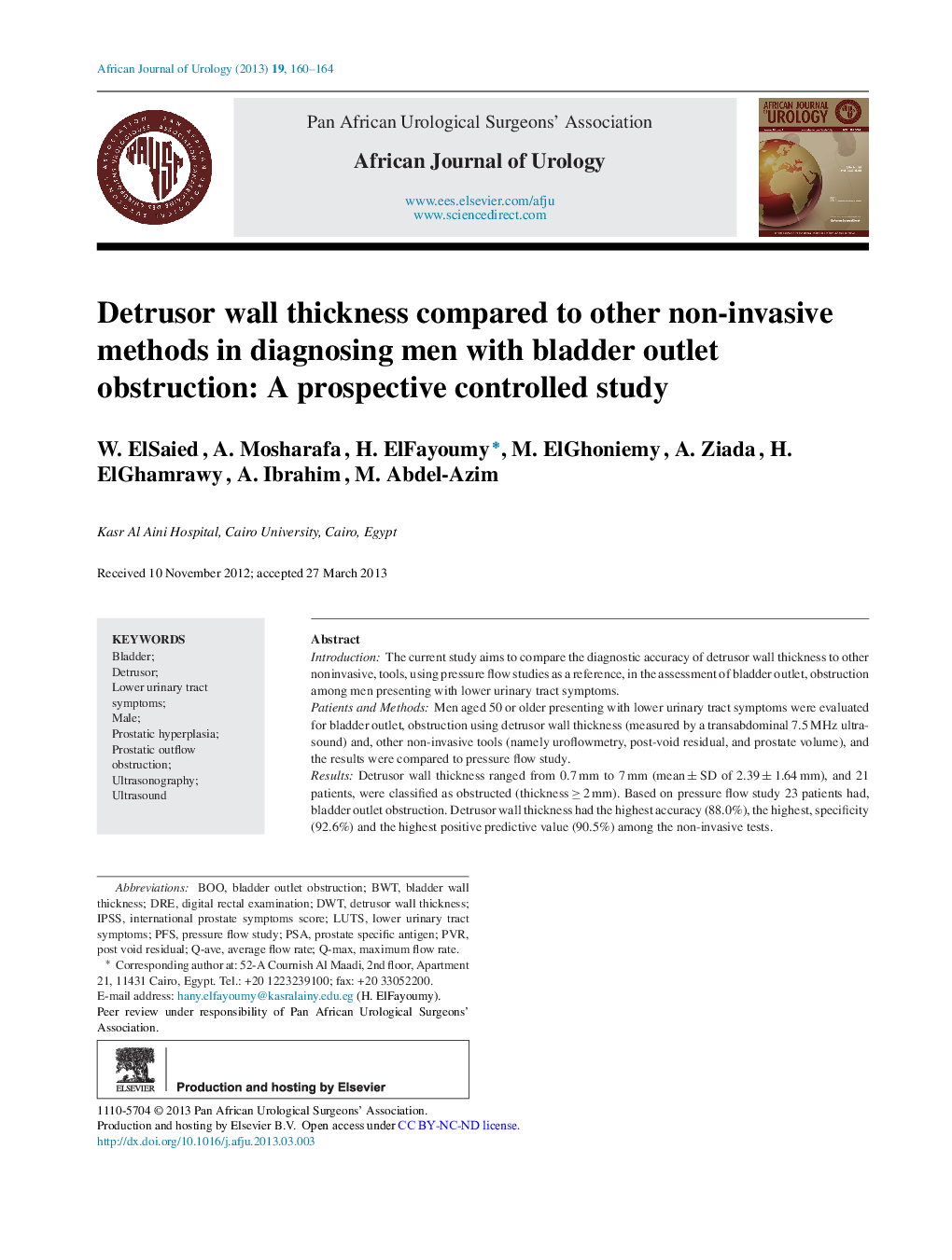 Detrusor wall thickness compared to other non-invasive methods in diagnosing men with bladder outlet obstruction: A prospective controlled study 