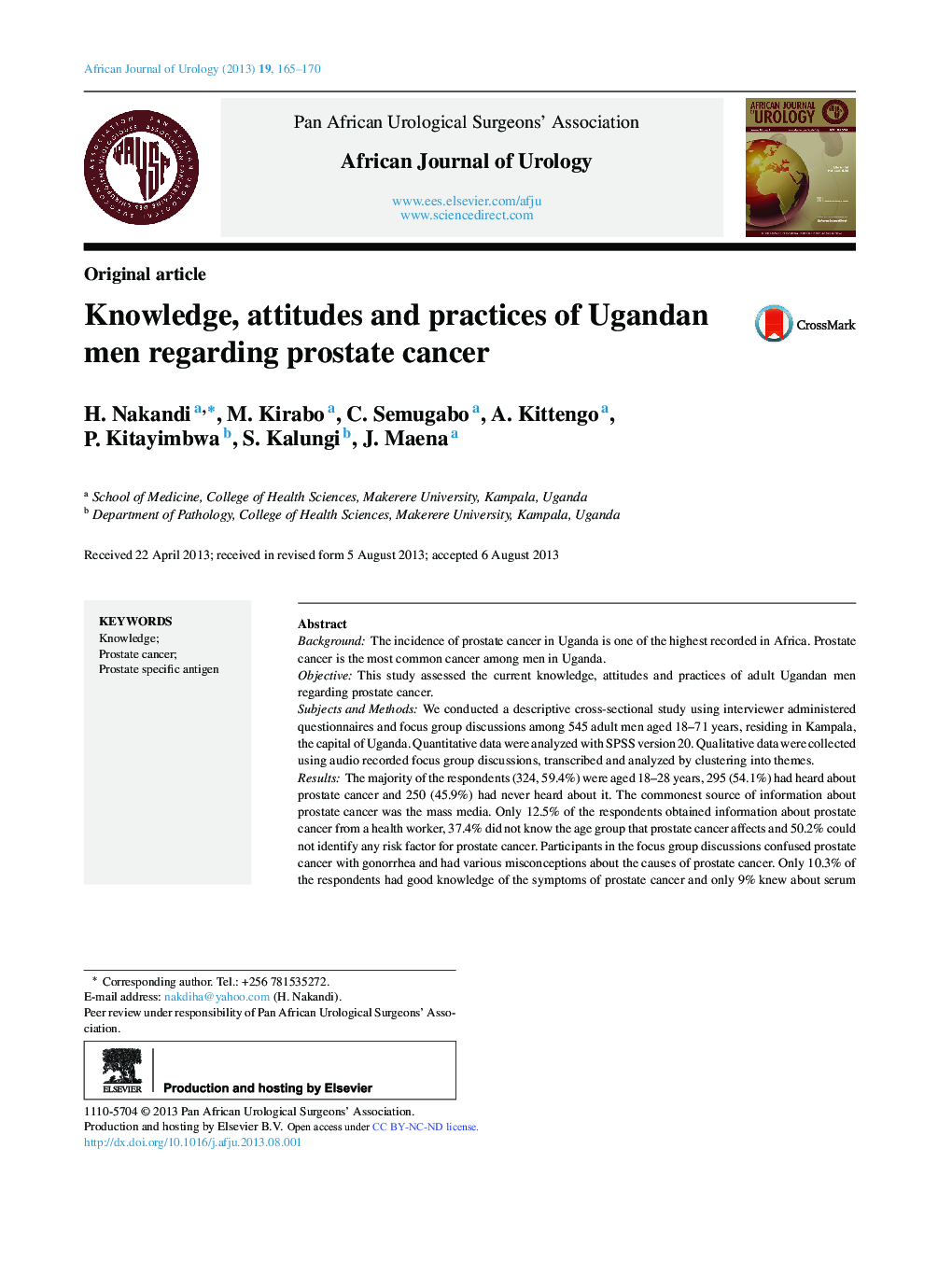 Knowledge, attitudes and practices of Ugandan men regarding prostate cancer 