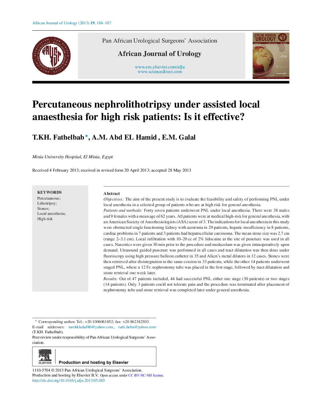 Percutaneous nephrolithotripsy under assisted local anaesthesia for high risk patients: Is it effective? 