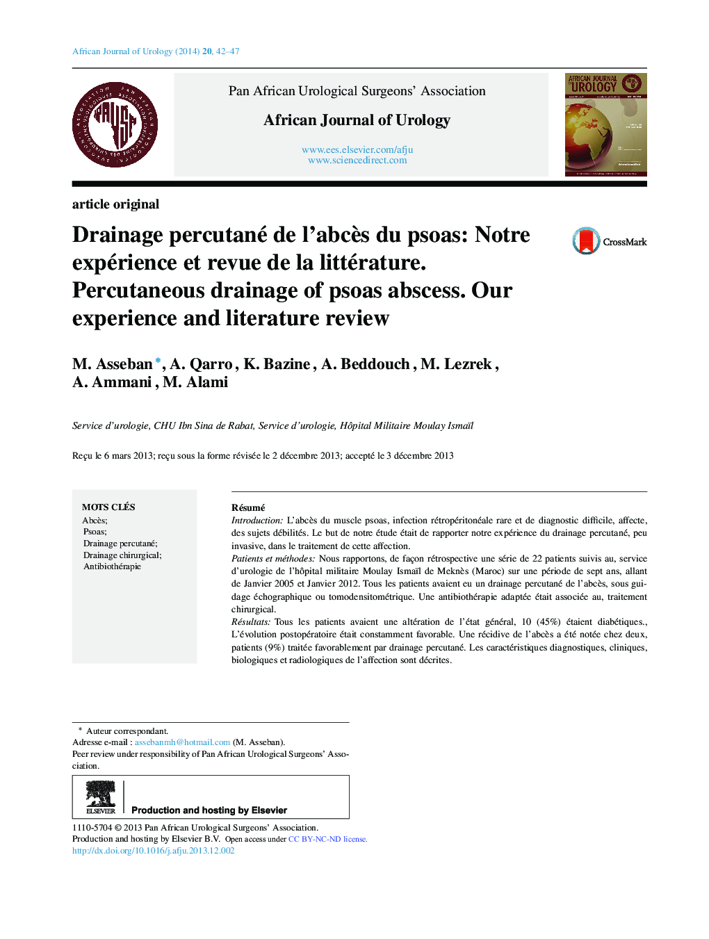 Drainage percutané de l’abcès du psoas: Notre expérience et revue de la littérature. Percutaneous drainage of psoas abscess. Our experience and literature review 