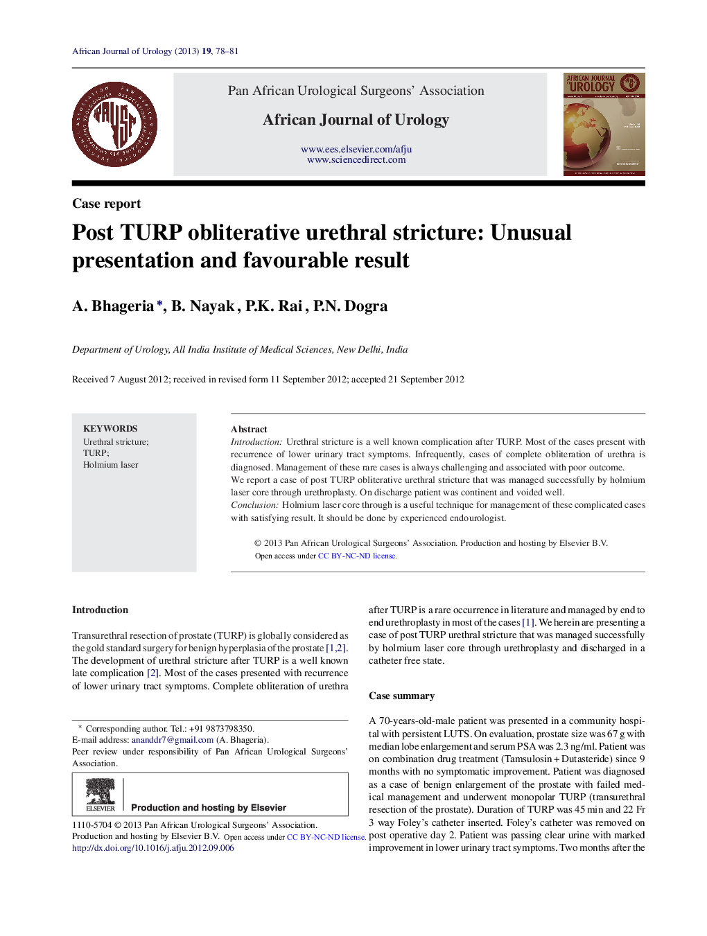 Post TURP obliterative urethral stricture: Unusual presentation and favourable result 