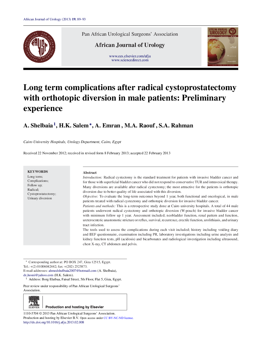 Long term complications after radical cystoprostatectomy with orthotopic diversion in male patients: Preliminary experience 