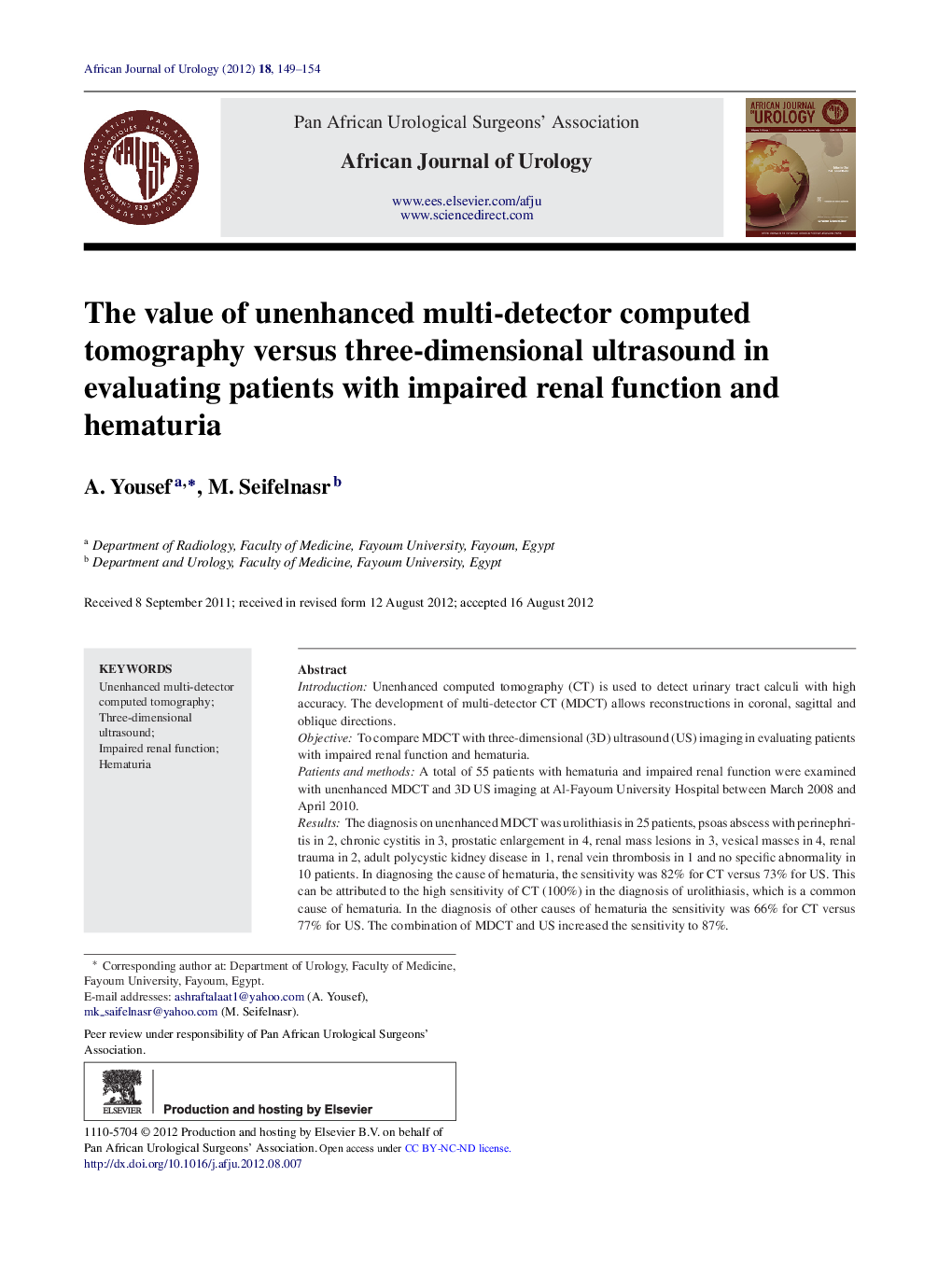 The value of unenhanced multi-detector computed tomography versus three-dimensional ultrasound in evaluating patients with impaired renal function and hematuria 