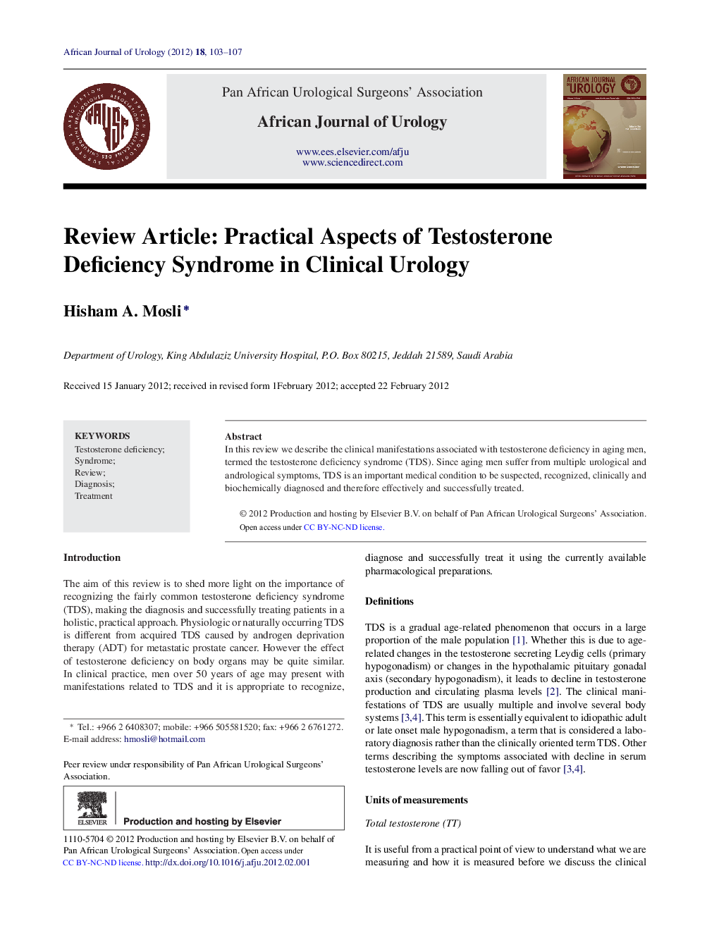 Review Article: Practical Aspects of Testosterone Deficiency Syndrome in Clinical Urology 