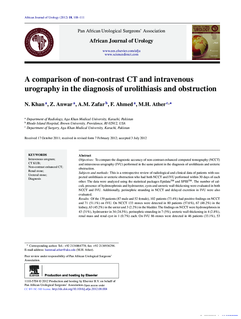 A comparison of non-contrast CT and intravenous urography in the diagnosis of urolithiasis and obstruction 