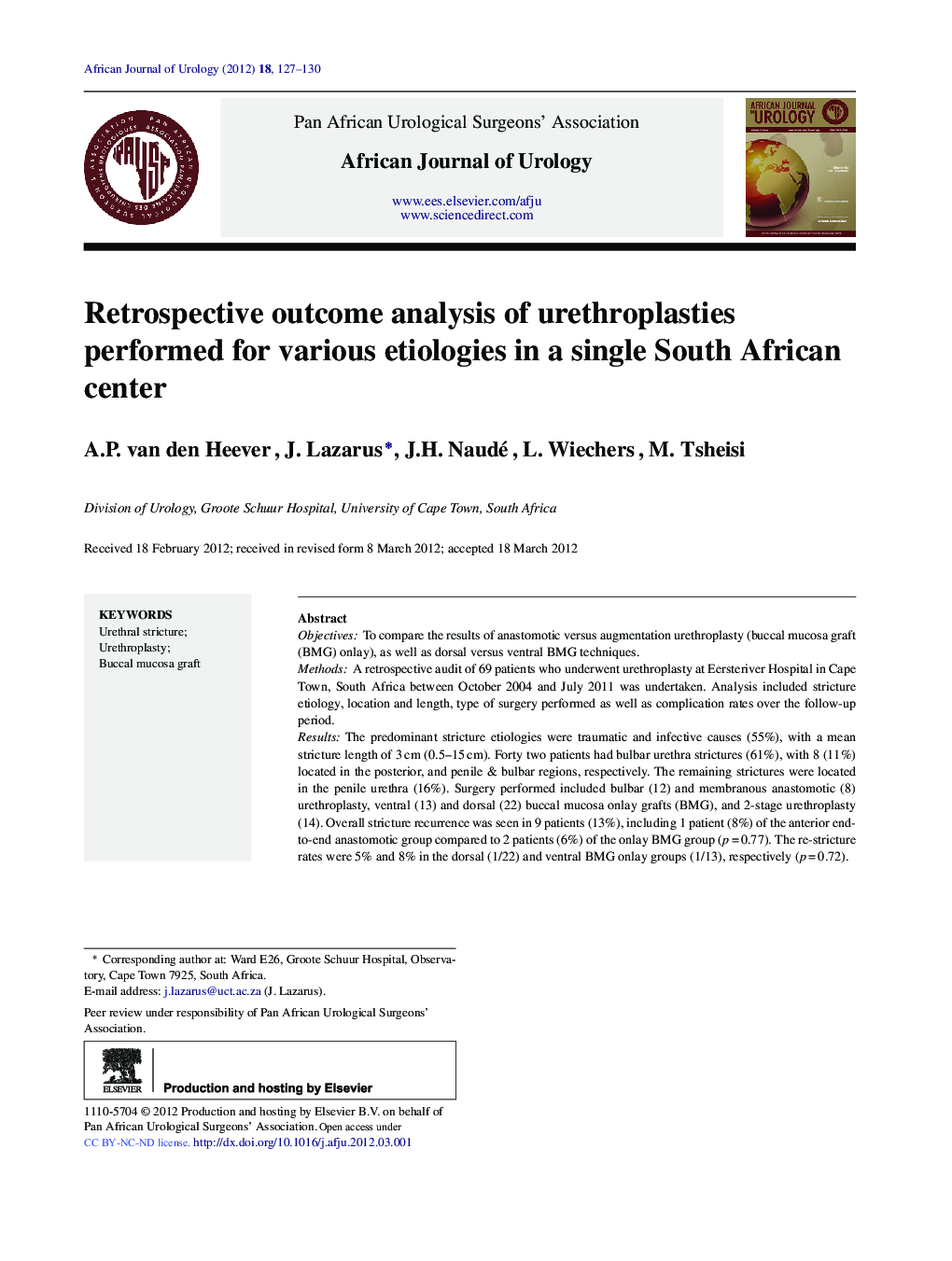 Retrospective outcome analysis of urethroplasties performed for various etiologies in a single South African center 