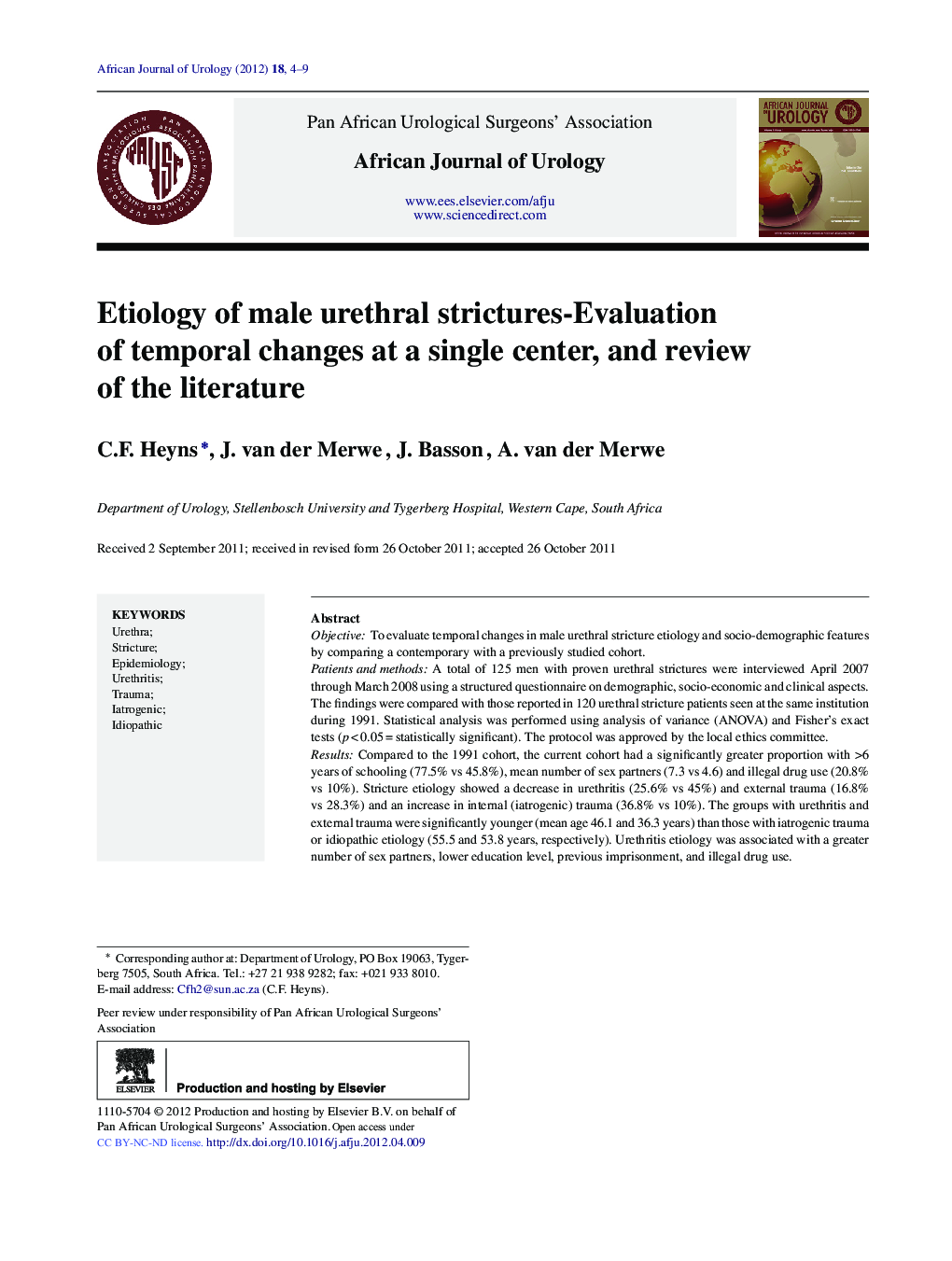 Etiology of male urethral strictures-Evaluation of temporal changes at a single center, and review of the literature 