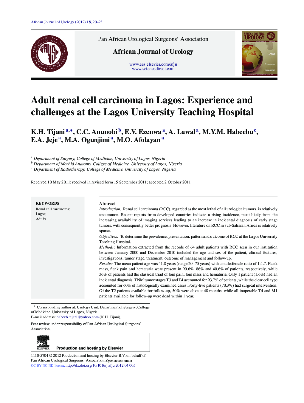 Adult renal cell carcinoma in Lagos: Experience and challenges at the Lagos University Teaching Hospital 